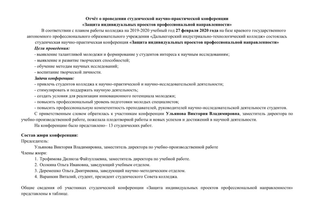 План проведения научно практической конференции. Заключение по защите проекта. Сценарий конференции пример.